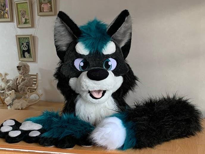Premade Teal Wolf Fursuit Head, Hand Paws, Tail, Size M/L - Etsy display picture 3