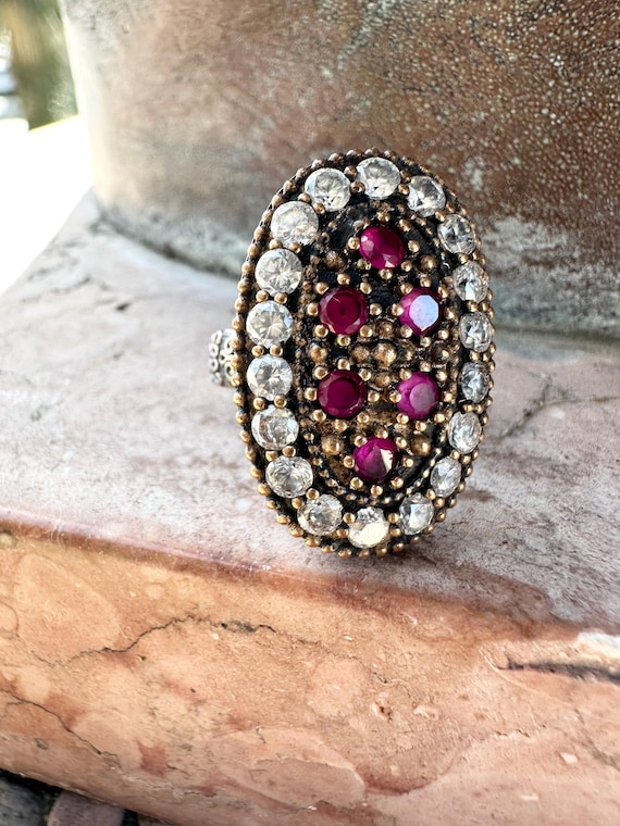 Vintage Turkish Hurrem Ring: Sterling Silver, Rub… - image 2