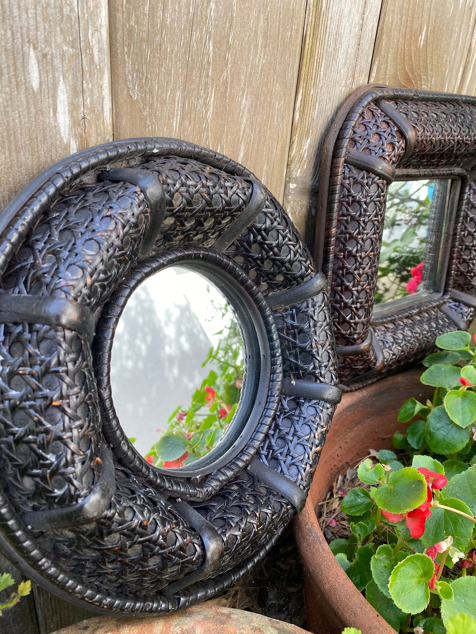 Black Wicker Mirrors Rattan Wall Mirrors Set of Two Etsy