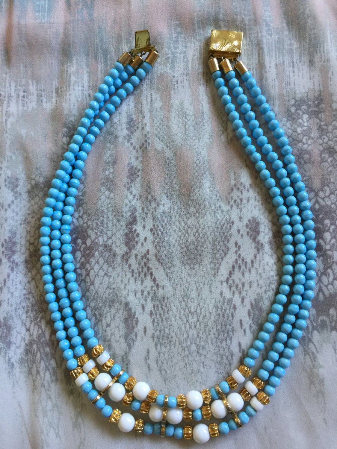 80s Multi Strand Faux Turquoise and Milk Glass Bead Necklace - Etsy