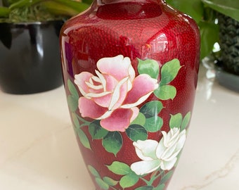 Japanese Cloisonné Vase, Red Enameled Silver