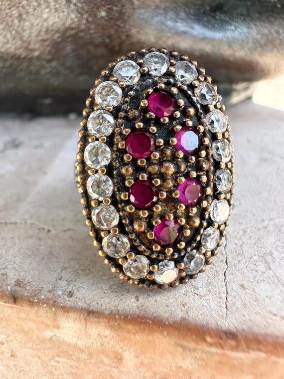 Vintage Turkish Hurrem Ring: Sterling Silver, Rub… - image 1