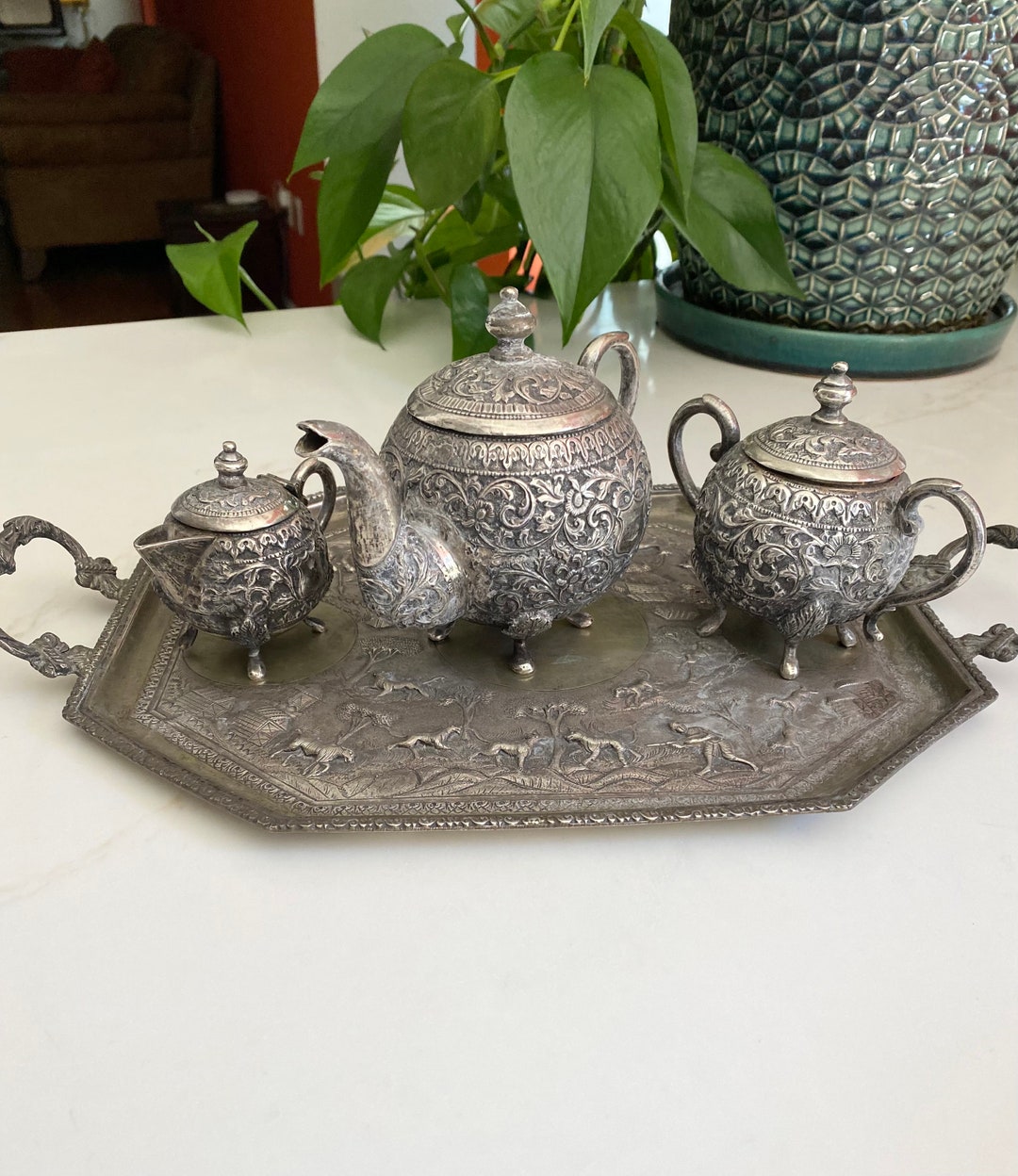 Antique Tea Set, Indian Kutch Silver, Hunting Scene Theme, 1235 Gm of
