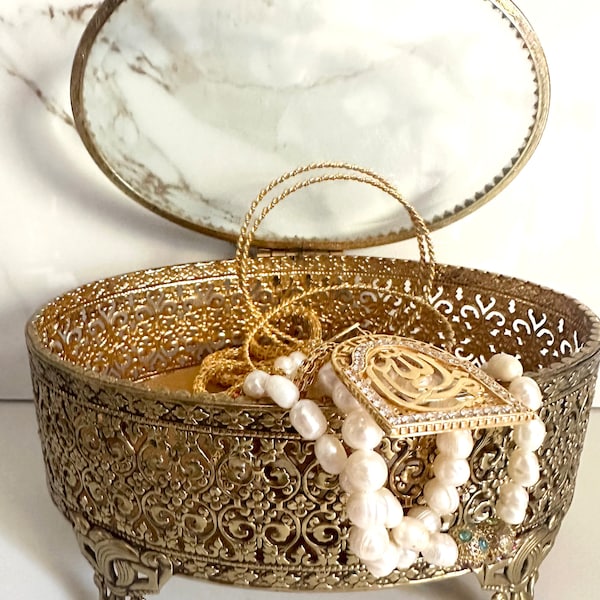 Ormolu Jewelry Box, Matson Beveled Glass, Filigree Vanity Box