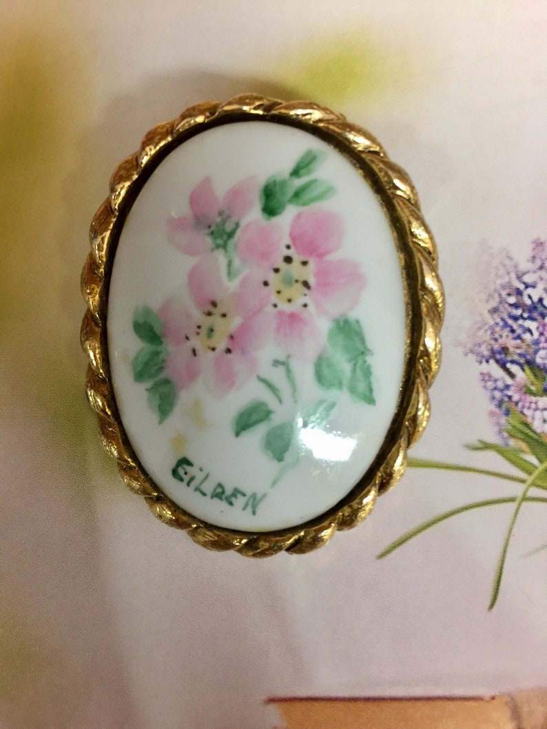 Large Oval Brooch Floral Porcelain Brooch Hand Painte Pin Etsy