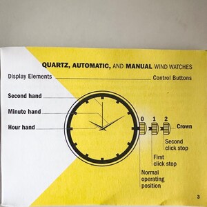 May include: Diagram of a watch face with labels for display elements and control buttons. The text reads "QUARTZ, AUTOMATIC, AND MANUAL WIND WATCHES." Includes labels for the second, minute, and hour hands, and the crown.