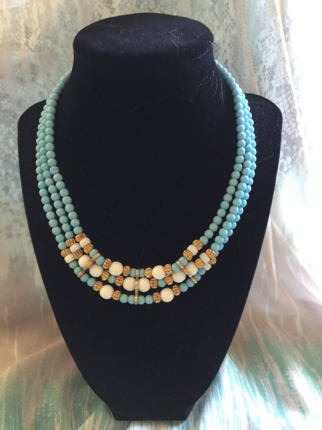 80s Multi Strand Faux Turquoise and Milk Glass Bead Necklace - Etsy