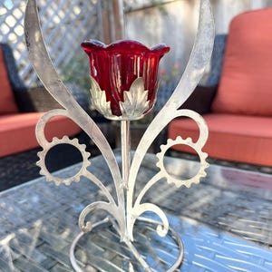Metal Flower Stand, Red Rose Glass