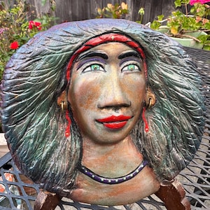 Vintage Hand-Painted African/Native American Woman Chalkware Wall Hanging