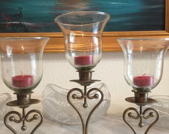 Vintage Mexican Candle Holder: Ornate Metal & Glass Centerpiece