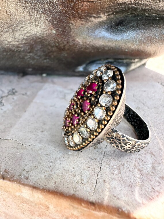 Vintage Turkish Hurrem Ring: Sterling Silver, Rub… - image 4