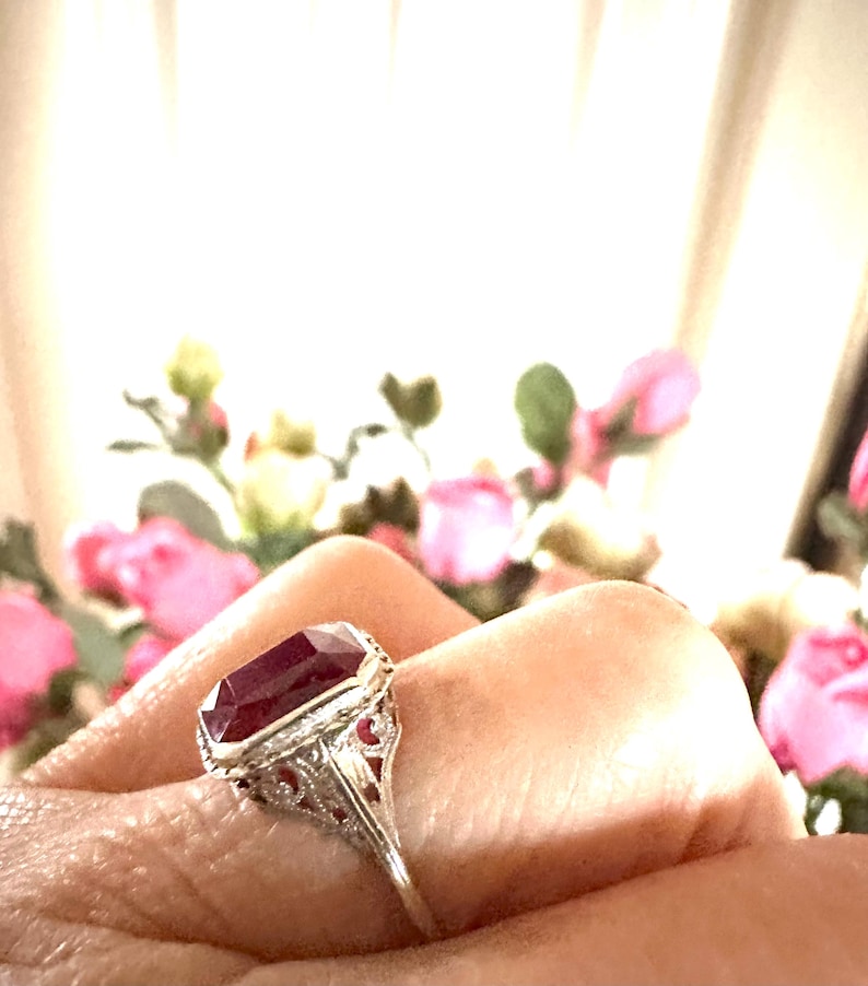 Op de afbeelding: Een zilveren ring met een grote, rechthoekige, dieprode edelsteen. De ring heeft gedetailleerd filigraanwerk op de band en kleinere rode stenen. De achtergrond is vervaagd met roze bloemen.