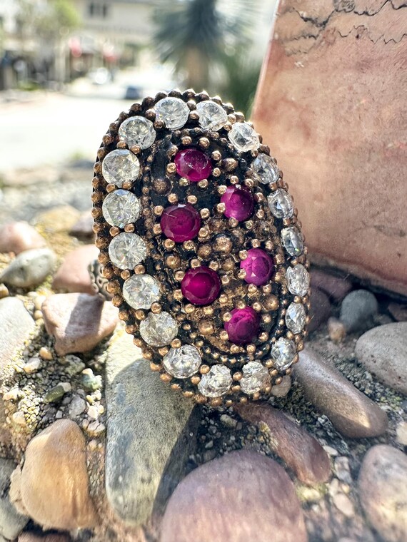 Vintage Turkish Hurrem Ring: Sterling Silver, Rub… - image 3
