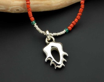 Organic Elegance: Sterling Silver Pendant with Coral and Czech Green Sparkling Beads