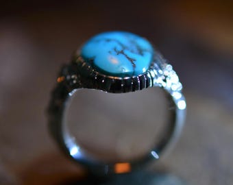 Turquoise Statement Ring, Textured Silver Band, Boho Jewelry