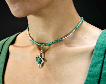 Handcrafted Vintage Choker Necklace with Chinese Turquoise Beads and Green Stone Accents