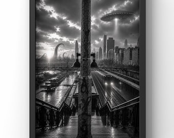 Surreal Chicago UFO Print | Alien Invasion Cityscape Fine Art