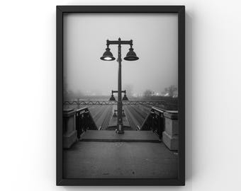 Chicago Fog Street Light – Black and White City Photography Print