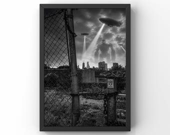 Surreal Chicago Robot Wall Art | Black and White Sci-Fi Cityscape Print (Digital Download)