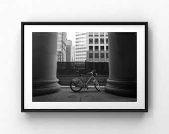 Chicago Black and White Photography Print | City Bike Between Columns | Urban Architecture Wall Art
