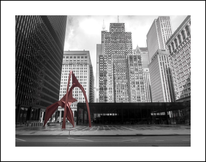 Chicago Calder Flamingo Sculpture Photography Print, Chicago Architecture, Street photography, color splash image 3