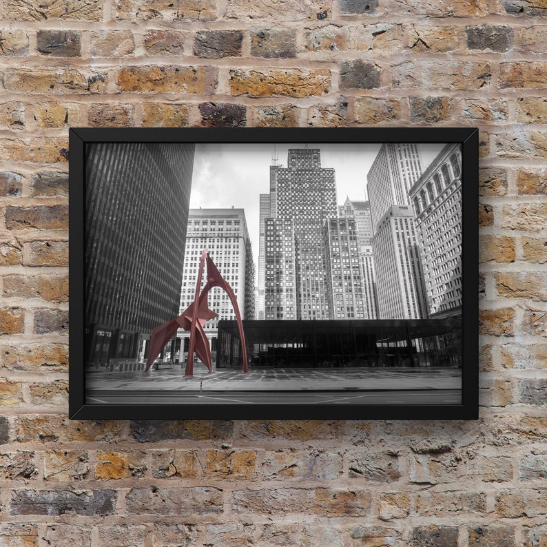 Chicago Calder Flamingo Sculpture Photography Print, Chicago Architecture, Street photography, color splash image 1