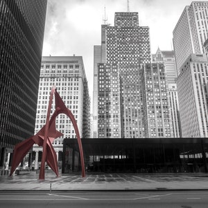 Chicago Calder Flamingo Sculpture Photography Print, Chicago Architecture, Street photography, color splash image 2