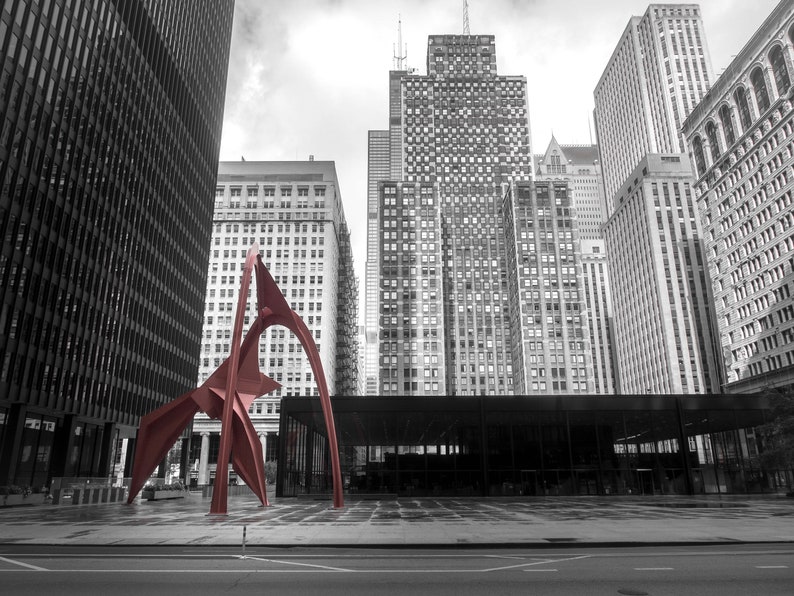 Chicago Calder Flamingo Sculpture Photography Print, Chicago Architecture, Street photography, color splash image 2