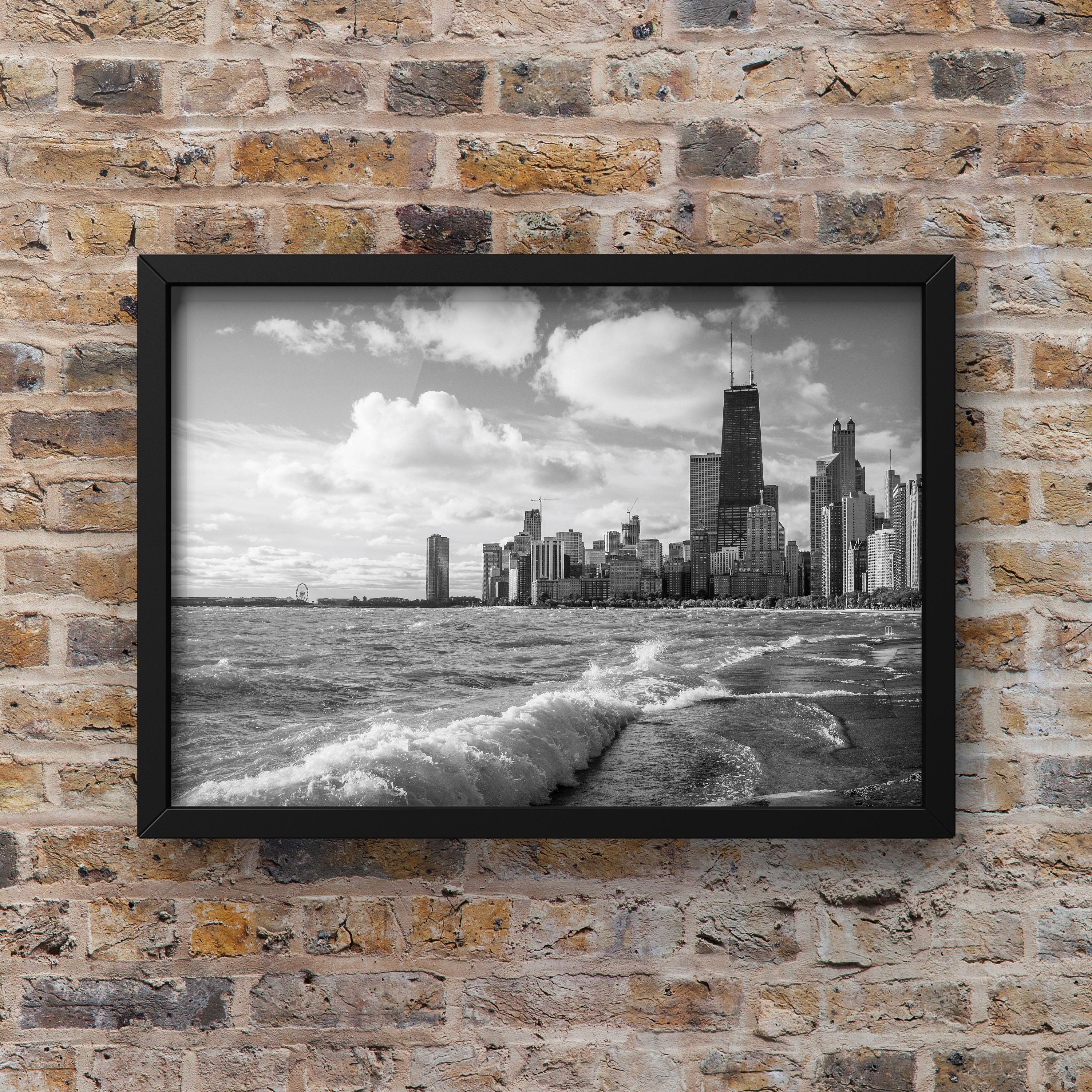 Chicago Skyline Print: Lake Michigan Waves, Black and White Cityscape