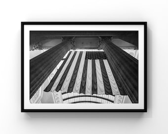 American Flag Black and White Print – Grand Hall Photo – Fine Art – Between Columns