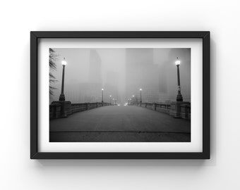 Chicago Fog Bridge Photography Print | Moody Black and White Urban Art