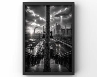Surreal Chicago UFO Wall Art | Black and White Sci-Fi Cityscape Print (Digital Download)