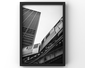 Chicago L Train Bend – Black and White Urban Photography Print
