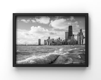 Chicago Skyline Black and White Photography Print – Lake Michigan Cityscape