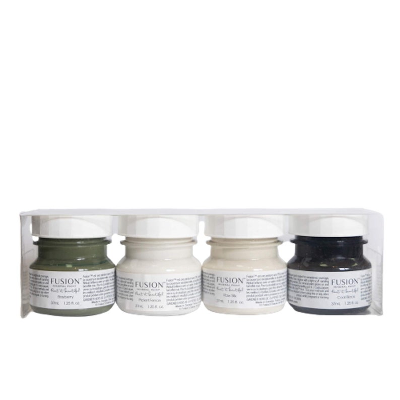 May include: Four small jars of Fusion Mineral Paint in the colors:  Sagebrush,  Pewter,  Old Milk, and Coal Black. Each jar is 3.7 oz (110 ml).