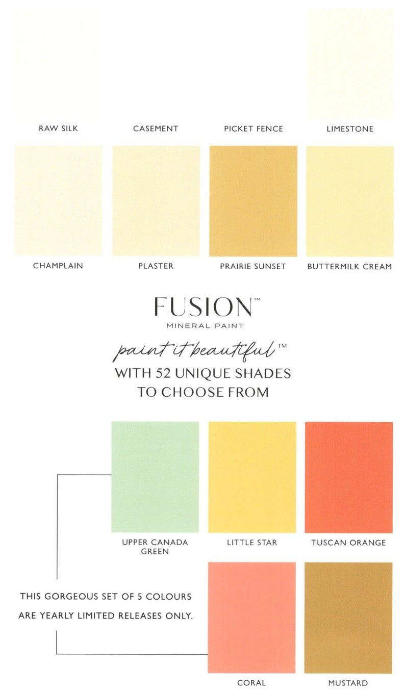 May include: A color chart showing 10 different paint colors from the Fusion Mineral Paint line. The colors are: Raw Silk, Casement, Picket Fence, Limestone, Champlain, Plaster, Prairie Sunset, Buttermilk Cream, Upper Canada Green, Little Star, Tuscan Orange, Coral, and Mustard. The text "paint it beautiful" is in the center of the chart.