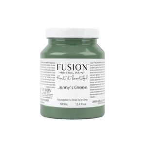 May include: A green 16.9 fl oz bottle of Fusion Mineral Paint in the color Jenny's Green. The bottle is labeled "Foundation to Finish All In One".