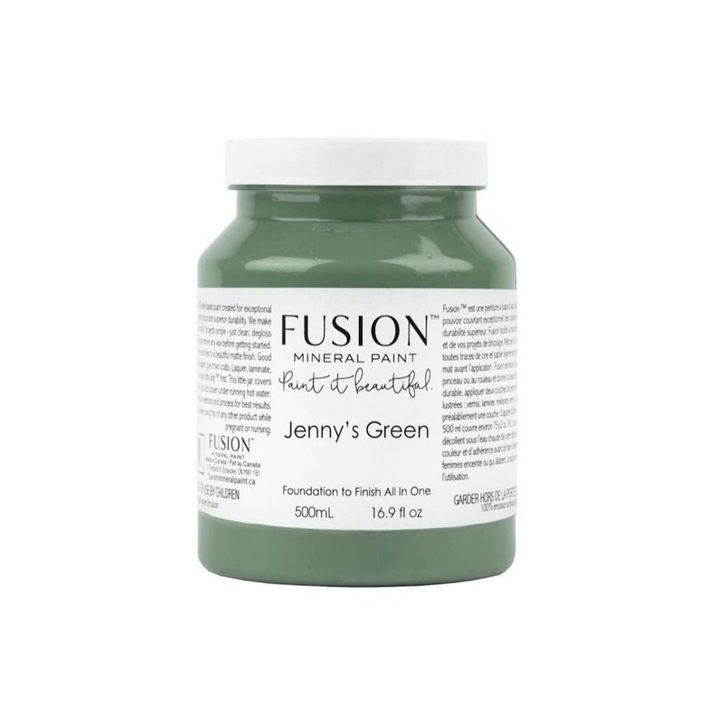 May include: A green 16.9 fl oz bottle of Fusion Mineral Paint in the color Jenny's Green. The bottle is labeled "Foundation to Finish All In One".