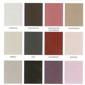May include: A color chart with 12 paint color swatches. The colors are: Lamp White, Soap Stone, Fort York Red, Cathedral Taupe, Sterling, Chocolate, Enchanted Echinacea, Algonquin, Pebble, Ash, Cranberry, Damask, Little Lamb, Coal Black, Twilight Geranium, and Divine Lavender. The chart is labeled "MFP Est. 1989".