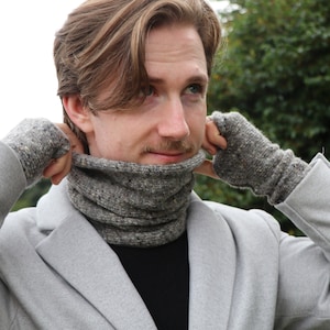 Men's Pure Merino Wool Cowl Snood Neck Warmer Buff Gaiter, handmade to order in Ireland, Irish aran, cosy and warm, 50 colours for him 5521 RAMOR (Stone)