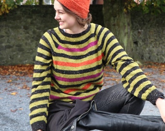 PRÊT-À-FAITE Pull rayé en laine mérinos unique en son genre, pull, fabriqué en Irlande, cadeau d'automne rayé d'Halloween unisexe, Grand / moyen