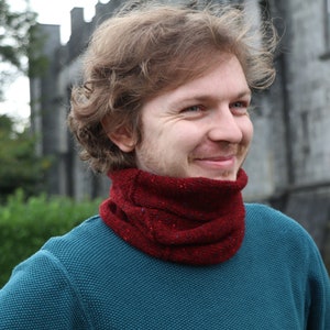 Men's Pure Merino Wool Cowl Snood Neck Warmer Buff Gaiter, handmade to order in Ireland, Irish aran, cosy and warm, 50 colours for him 5524 ABBERT (Merlot)