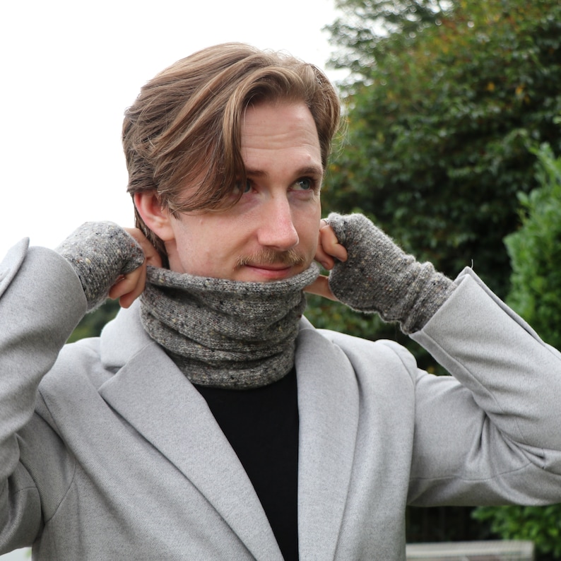 Men's Pure Merino Wool Cowl Snood Neck Warmer Buff Gaiter, handmade to order in Ireland, Irish aran, cosy and warm, 50 colours for him 5521 RAMOR (Stone)