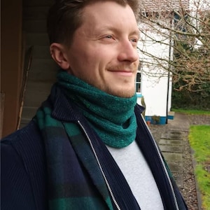 Men's Pure Merino Wool Cowl Snood Neck Warmer Buff Gaiter, handmade to order in Ireland, Irish aran, cosy and warm, 50 colours for him 5586 JADE