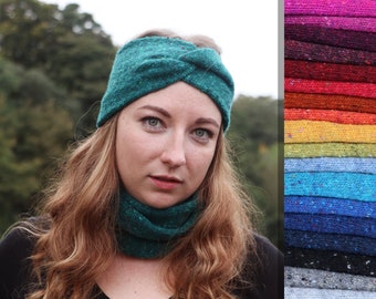 100% Merino wool Headband, Earwarmer, 50 Colours, handmade in Ireland, knitted crochet twisted knotted Small Large Irish textured flecked