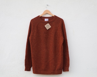 READY-MADE Merino wool Rust, Terracotta sweater, jumper pullover, Donegal yarns made in Ireland, fall autumn gift unisex, men's Large Medium