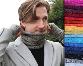 Scaldacollo Snood con cappuccio in pura lana merino da uomo, fatto a mano su ordinazione in Irlanda, aran irlandese, accogliente e caldo, 50 colori per lui