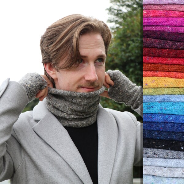 Scaldacollo Snood con cappuccio in pura lana merino da uomo, fatto a mano su ordinazione in Irlanda, aran irlandese, accogliente e caldo, 50 colori per lui