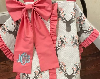 Woodland Floral Deer Car Seat Canopy with Large Bow and Ruffle, Monogrammed Car Seat Tent, Personalized Baby Shower Gift