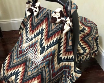 Rodeo Chevron Car Seat Canopy, Cowgirl Western, Pony Minky Bows